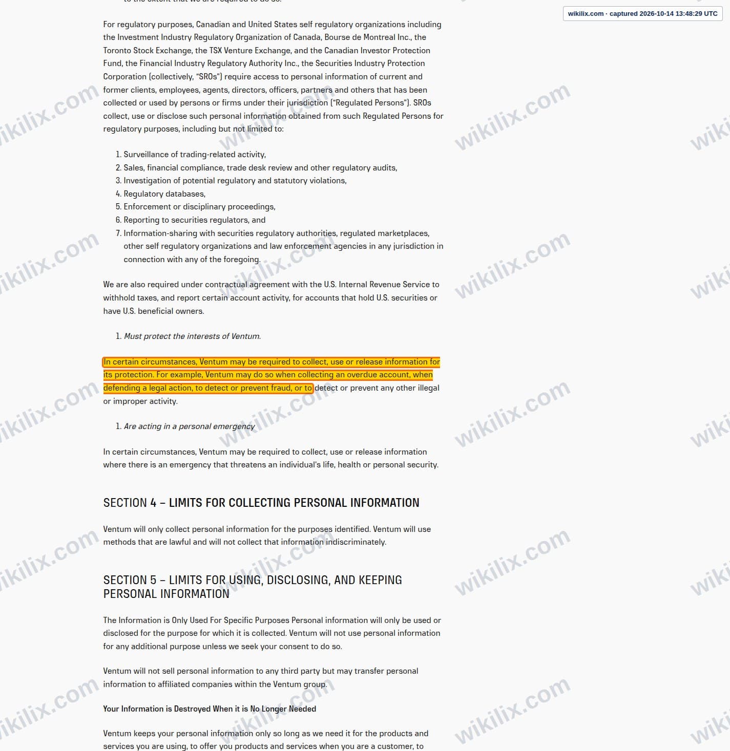 Our full page screenshot of the page this clause sits on, on Ventum Financial's site ventumfinancial.com, taken on Oct 14, 2026. The quoted words are marked in the image.