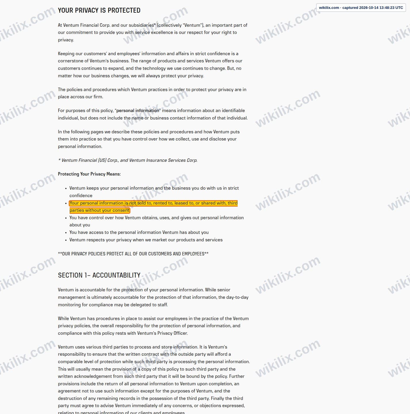 Our full page screenshot of the page that makes this promise, on Ventum Financial's site ventumfinancial.com, taken on Oct 14, 2026. The quoted words are marked in the image.