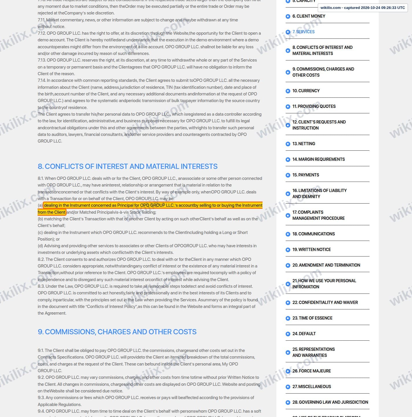 Our full page screenshot of the page this clause sits on, on Opofinance's site opofinance.com, taken on Oct 24, 2026. The quoted words are marked in the image.