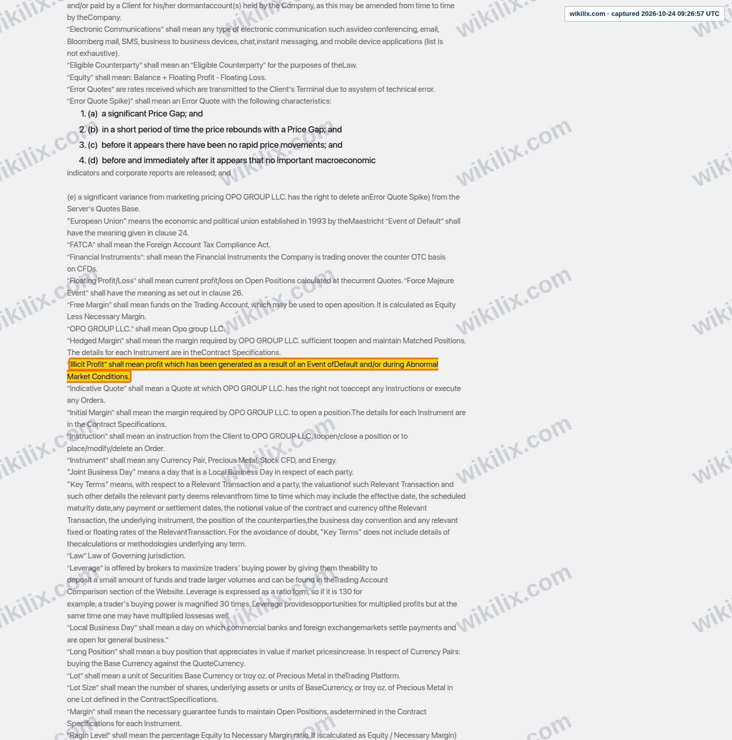 Our full page screenshot of the page this clause sits on, on Opofinance's site opofinance.com, taken on Oct 24, 2026. The quoted words are marked in the image.