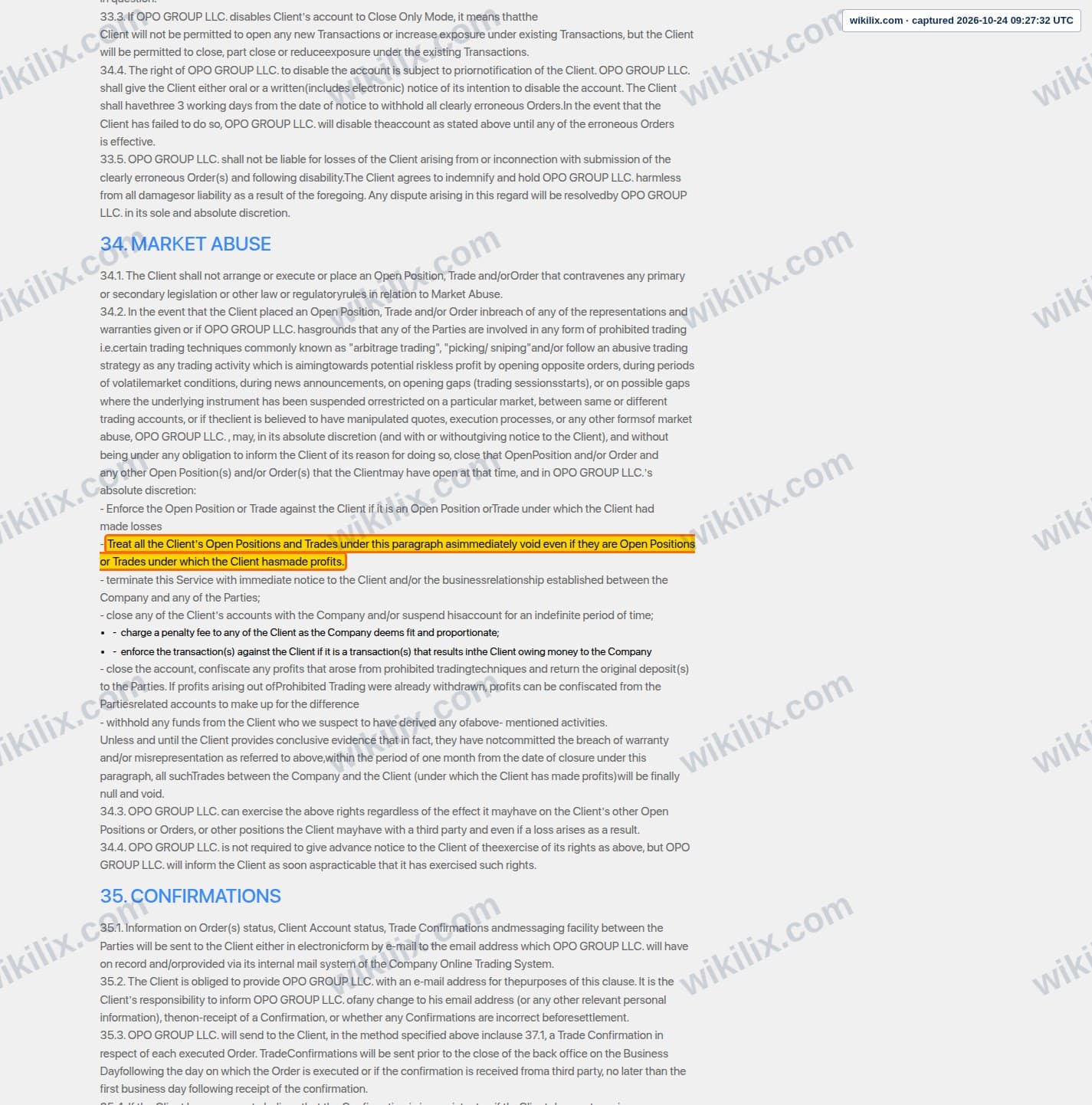 Our full page screenshot of the page this clause sits on, on Opofinance's site opofinance.com, taken on Oct 24, 2026. The quoted words are marked in the image.