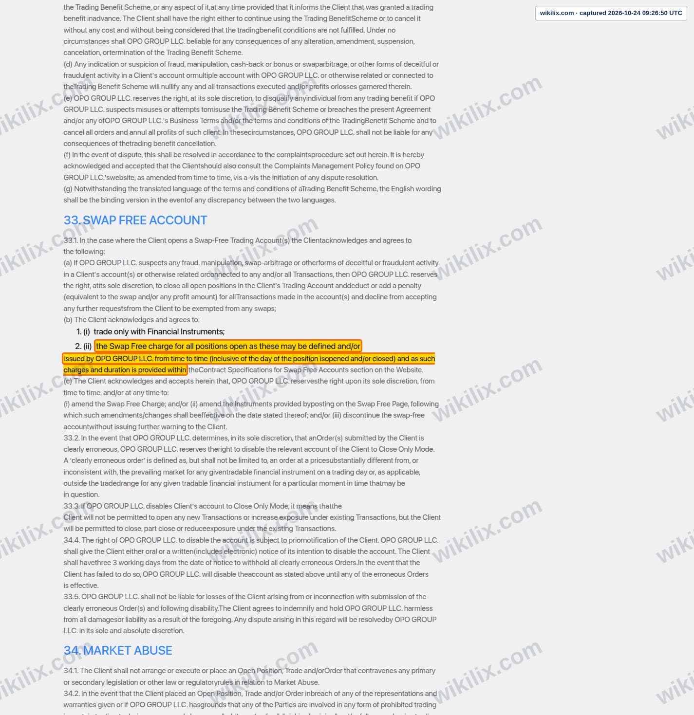 Our full page screenshot of the page this clause sits on, on Opofinance's site opofinance.com, taken on Oct 24, 2026. The quoted words are marked in the image.