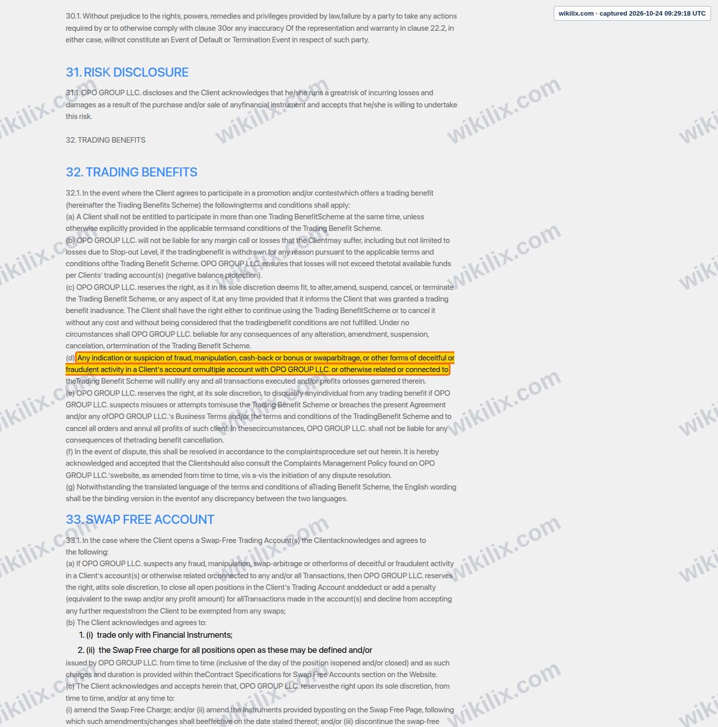 Our full page screenshot of the page this clause sits on, on Opofinance's site opofinance.com, taken on Oct 24, 2026. The quoted words are marked in the image.