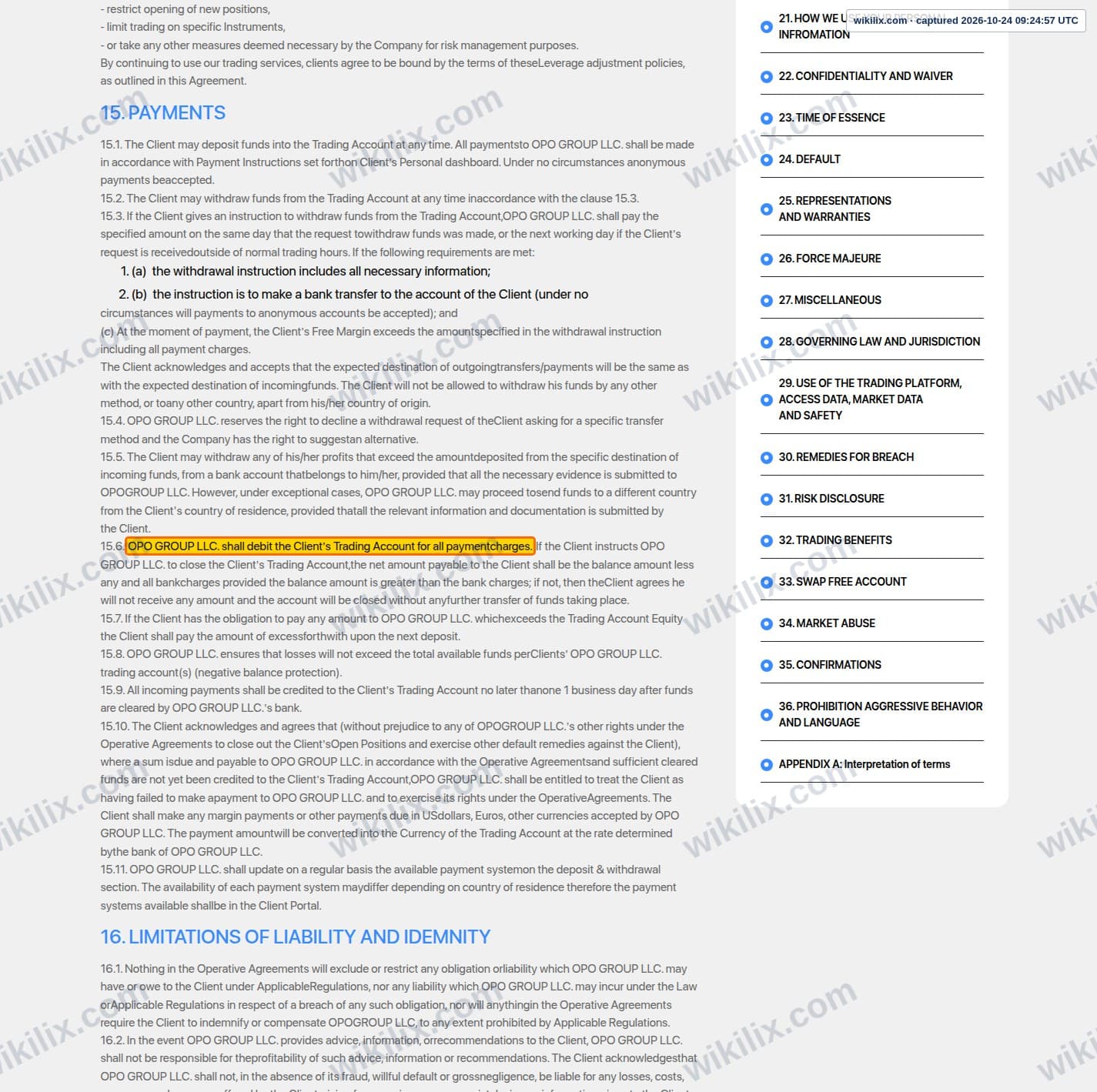 Our full page screenshot of the page this clause sits on, on Opofinance's site opofinance.com, taken on Oct 24, 2026. The quoted words are marked in the image.