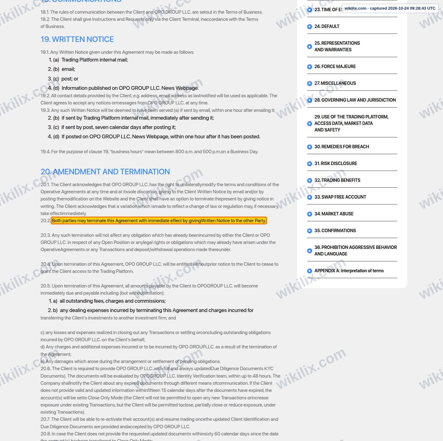 Our full page screenshot of the page this clause sits on, on Opofinance's site opofinance.com, taken on Oct 24, 2026. The quoted words are marked in the image.