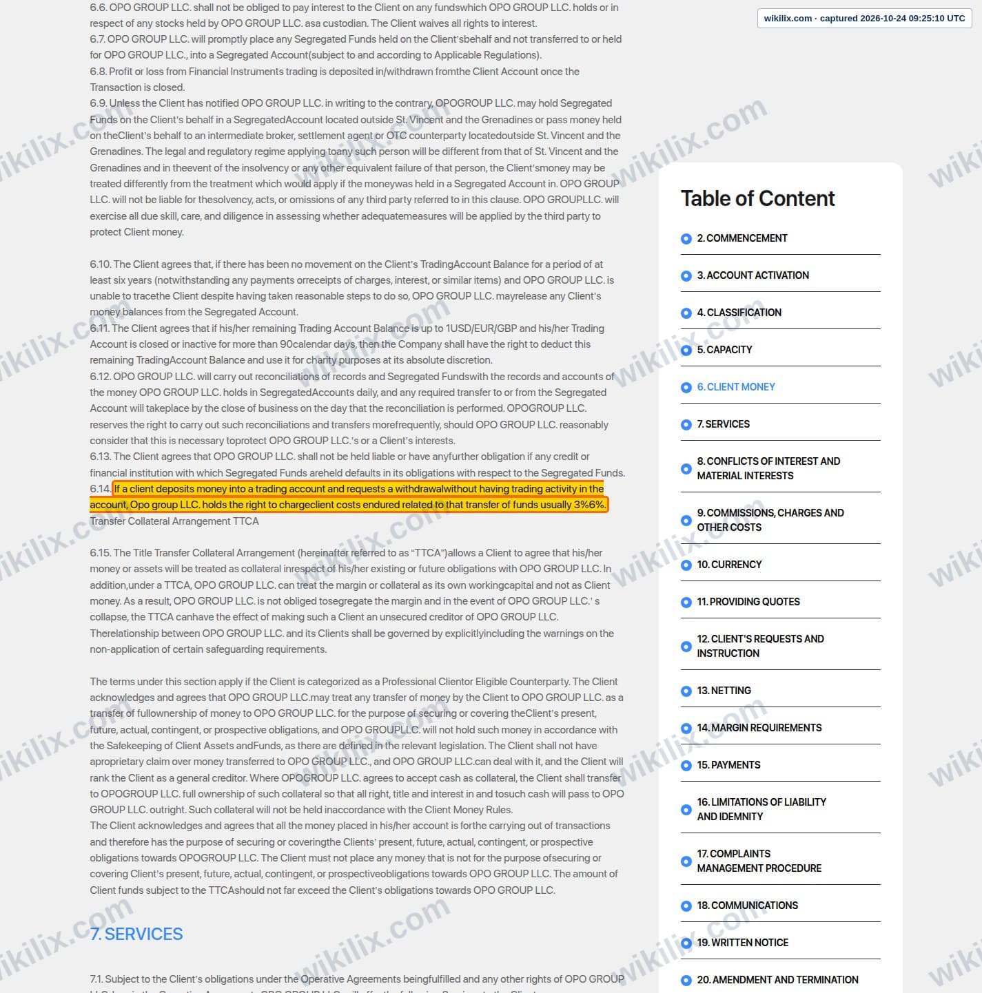 Our full page screenshot of the page this clause sits on, on Opofinance's site opofinance.com, taken on Oct 24, 2026. The quoted words are marked in the image.