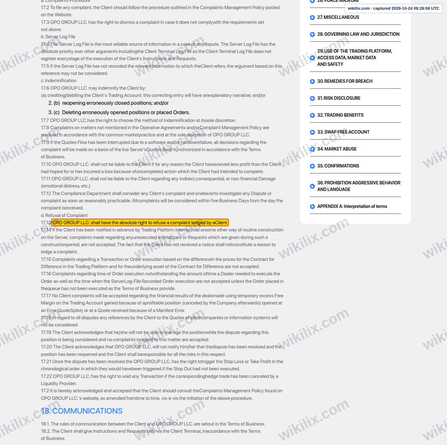 Our full page screenshot of the page this clause sits on, on Opofinance's site opofinance.com, taken on Oct 24, 2026. The quoted words are marked in the image.
