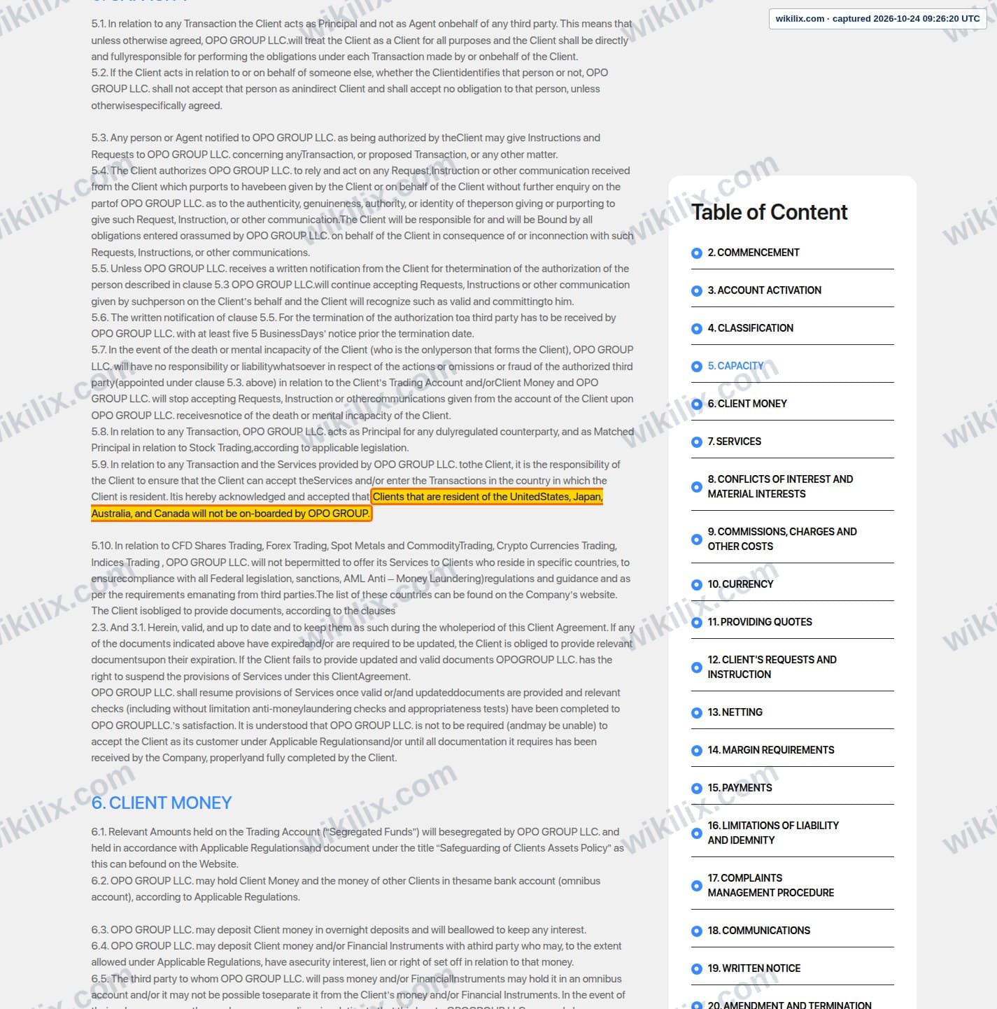 Our full page screenshot of the page this clause sits on, on Opofinance's site opofinance.com, taken on Oct 24, 2026. The quoted words are marked in the image.