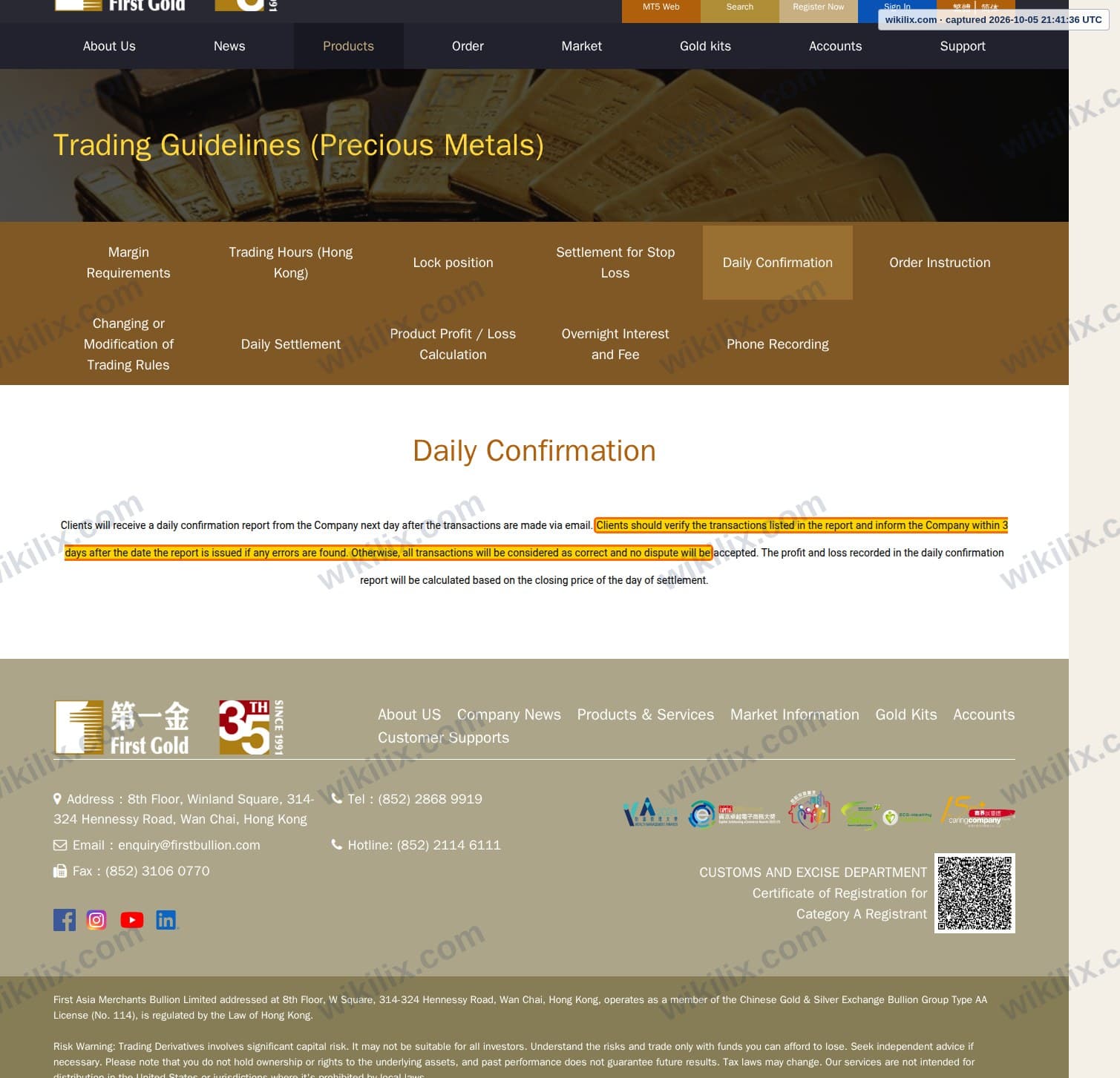 Our full page screenshot of the page this clause sits on, on First Gold's site firstbullion.com, taken on Oct 5, 2026. The quoted words are marked in the image.