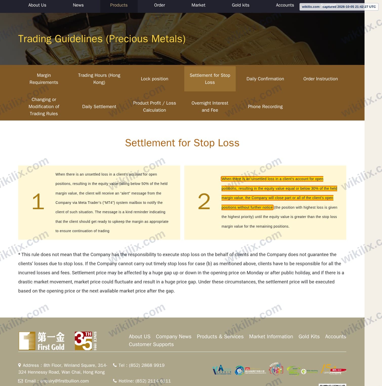 Our full page screenshot of the page this clause sits on, on First Gold's site firstbullion.com, taken on Oct 5, 2026. The quoted words are marked in the image.