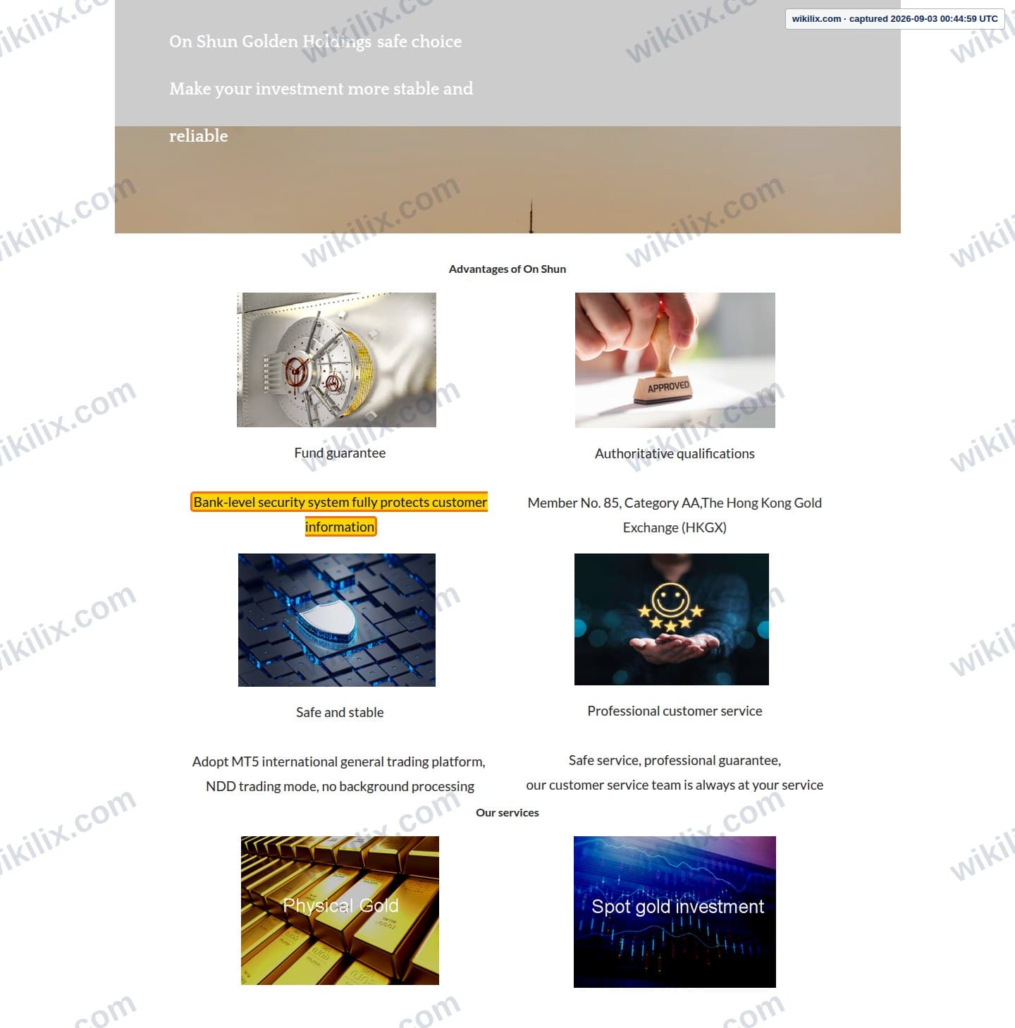 Our full page screenshot of the page that makes this promise, on On Shun's site osgold85.com, taken on Sep 3, 2026. The quoted words are marked in the image.