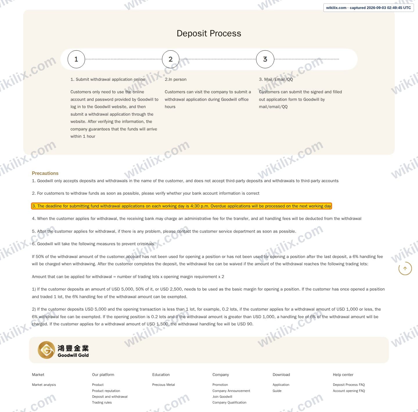 Our full page screenshot of the page that makes this promise, on Goodwill Gold's site gwgold.com.hk, taken on Sep 3, 2026. The quoted words are marked in the image.