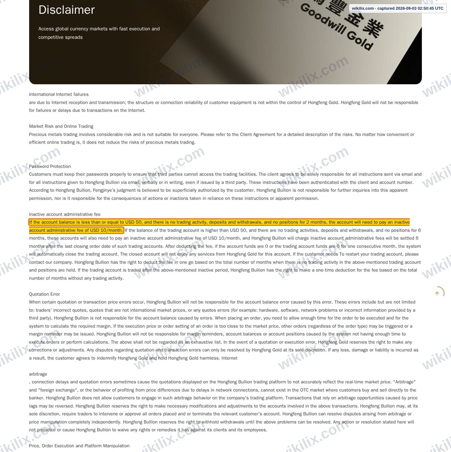 Our full page screenshot of the page this clause sits on, on Goodwill Gold's site gwgold.com.hk, taken on Sep 3, 2026. The quoted words are marked in the image.