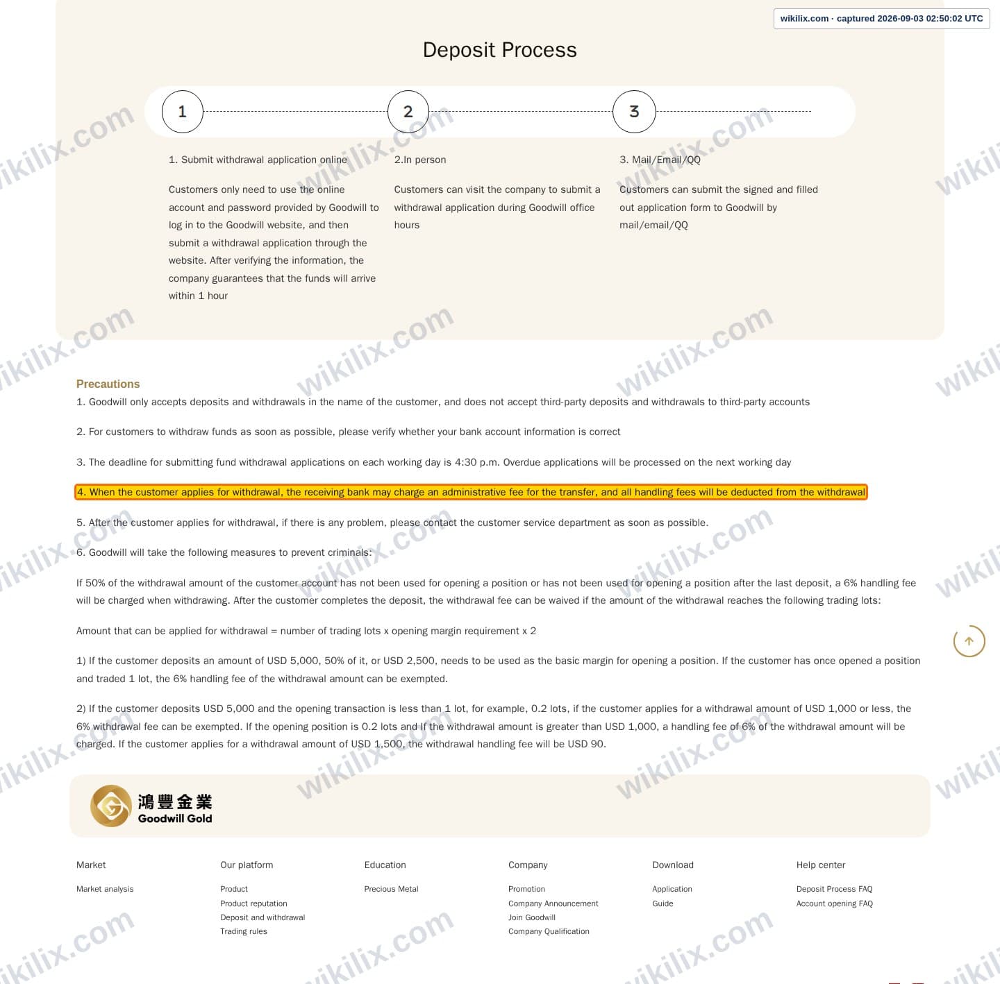 Our full page screenshot of the page that makes this promise, on Goodwill Gold's site gwgold.com.hk, taken on Sep 3, 2026. The quoted words are marked in the image.