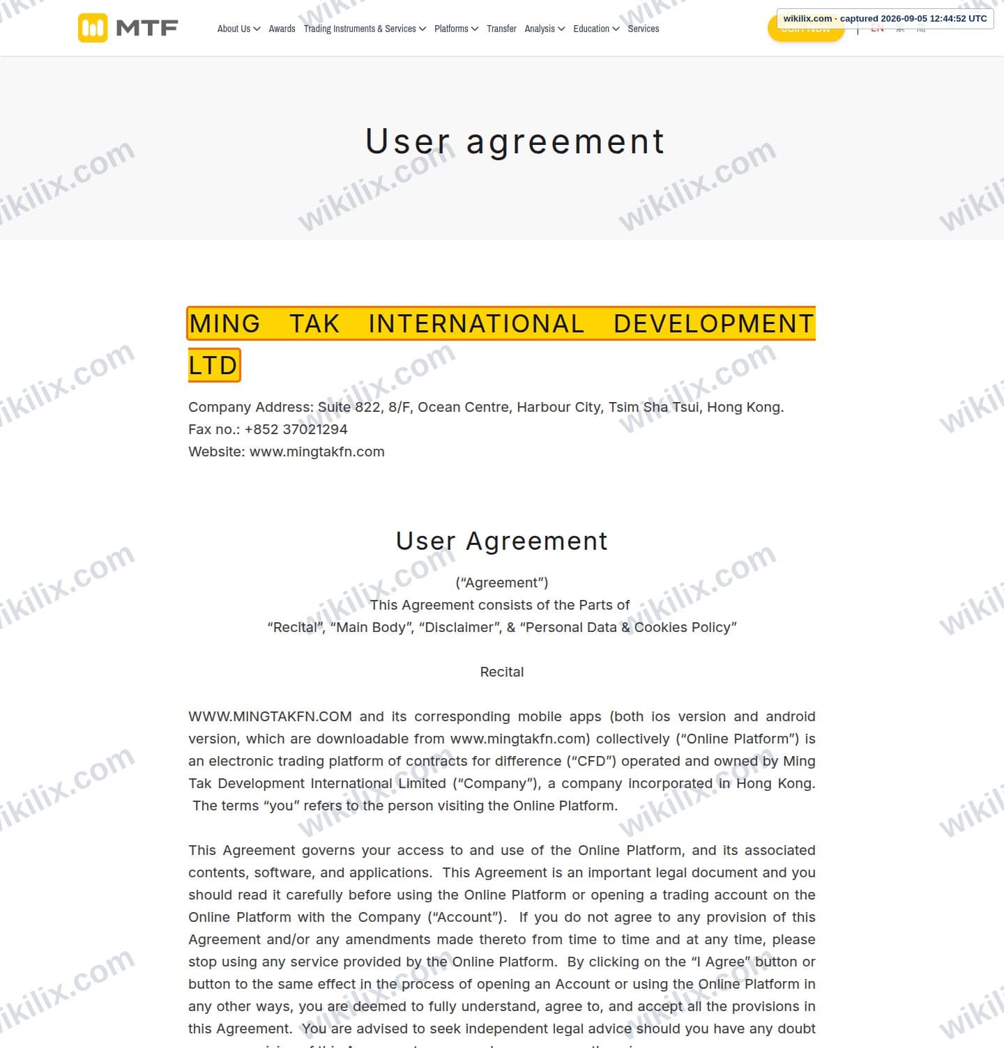 Our full page screenshot of the page this clause sits on, on MTF's site mingtakfn.com, taken on Sep 5, 2026. The quoted words are marked in the image.