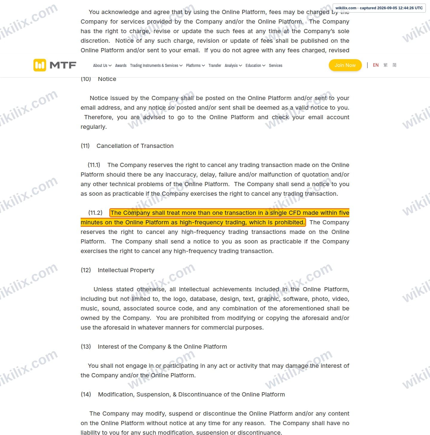 Our full page screenshot of the page this clause sits on, on MTF's site mingtakfn.com, taken on Sep 5, 2026. The quoted words are marked in the image.