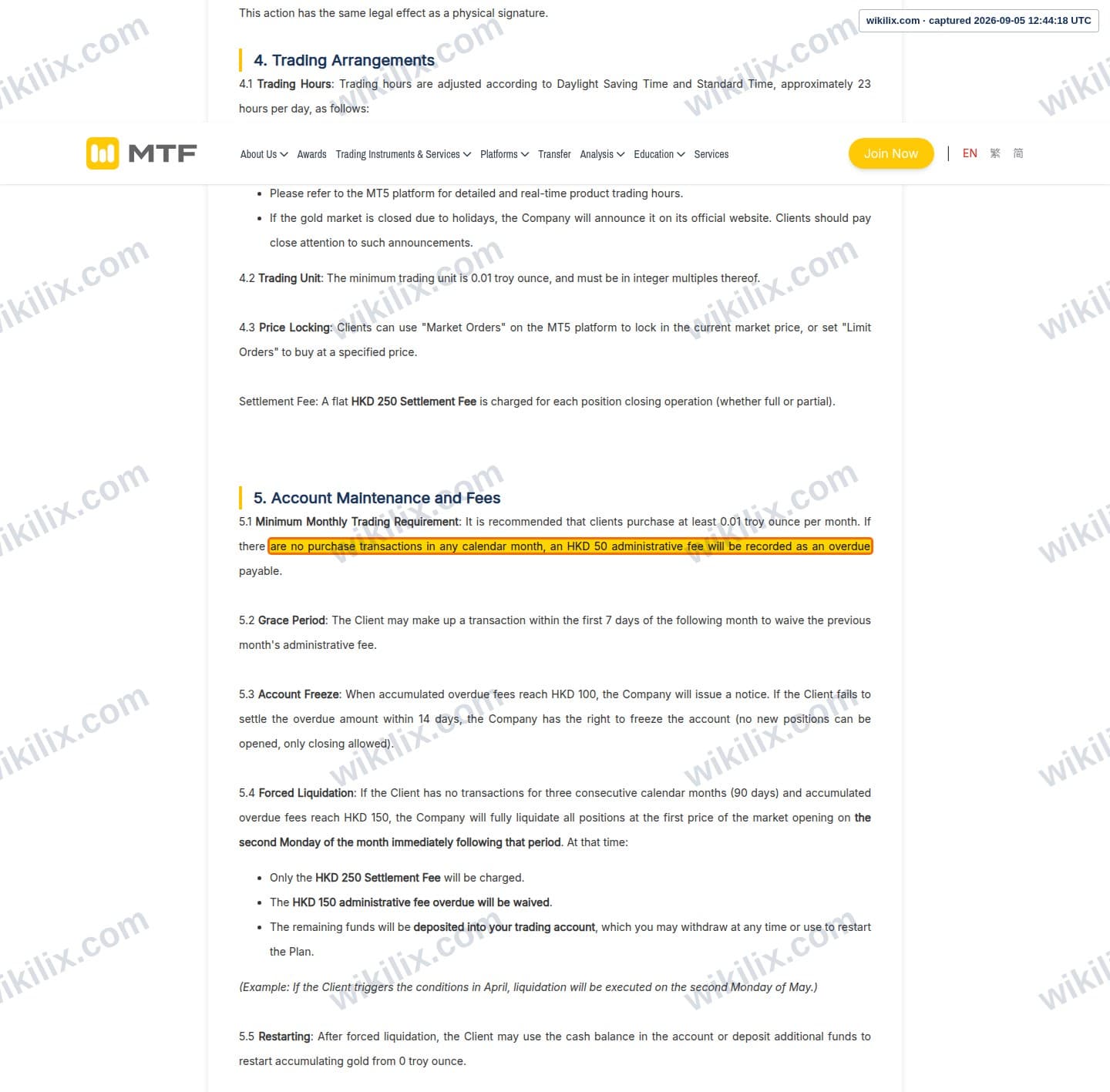 Our full page screenshot of the page this clause sits on, on MTF's site mingtakfn.com, taken on Sep 5, 2026. The quoted words are marked in the image.
