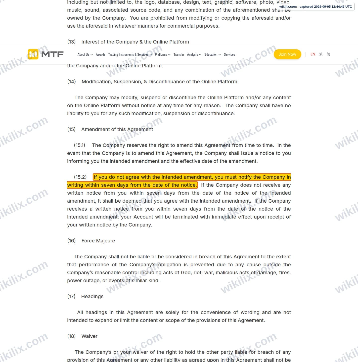 Our full page screenshot of the page this clause sits on, on MTF's site mingtakfn.com, taken on Sep 5, 2026. The quoted words are marked in the image.