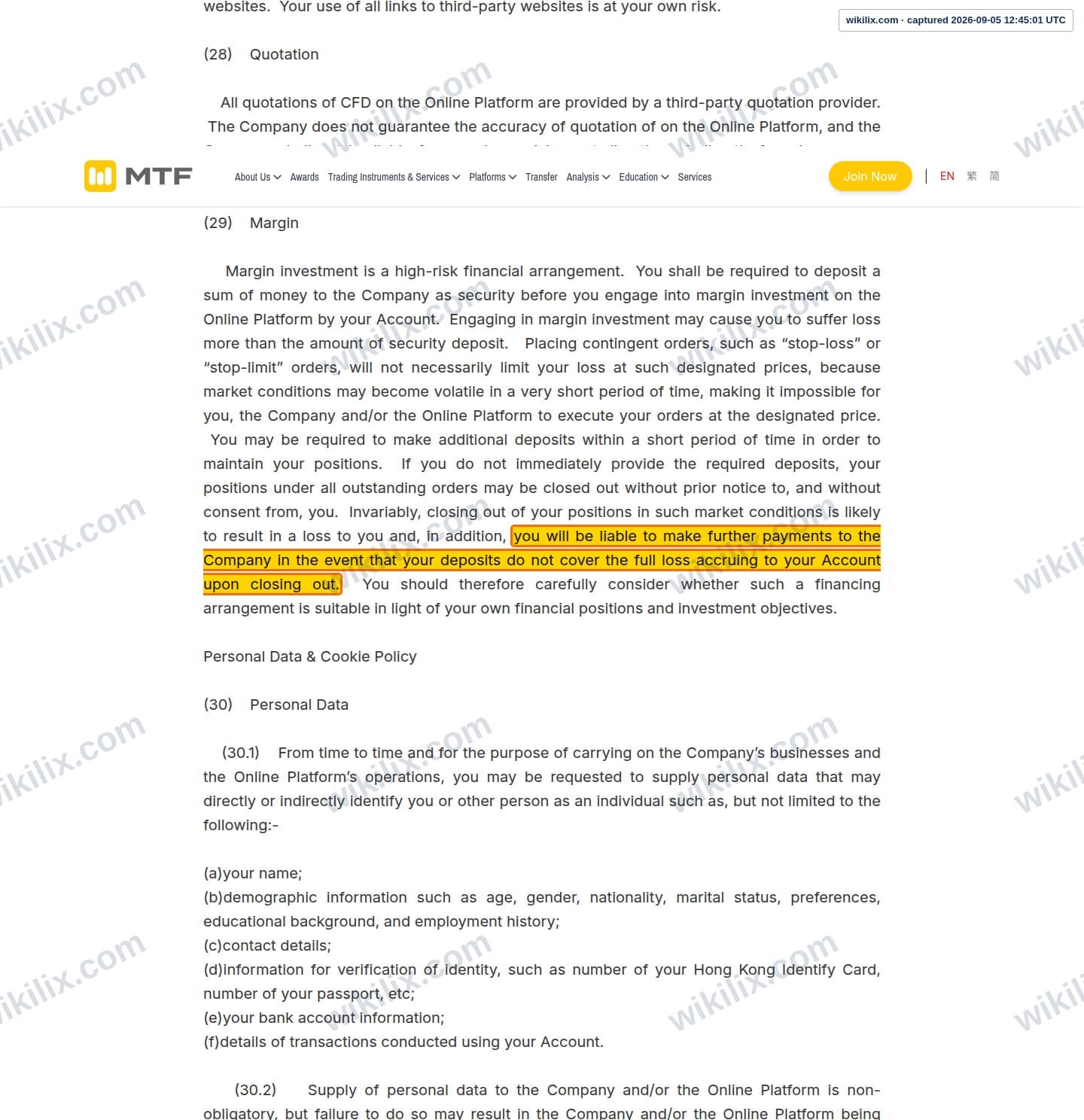 Our full page screenshot of the page this clause sits on, on MTF's site mingtakfn.com, taken on Sep 5, 2026. The quoted words are marked in the image.