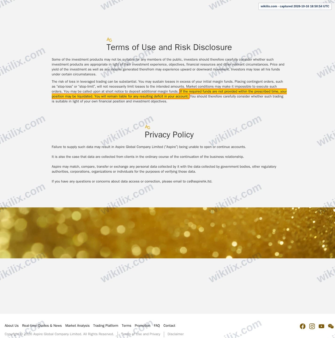 Our full page screenshot of the page this clause sits on, on ASPIRE's site aspirehk.ltd, taken on Oct 16, 2026. The quoted words are marked in the image.