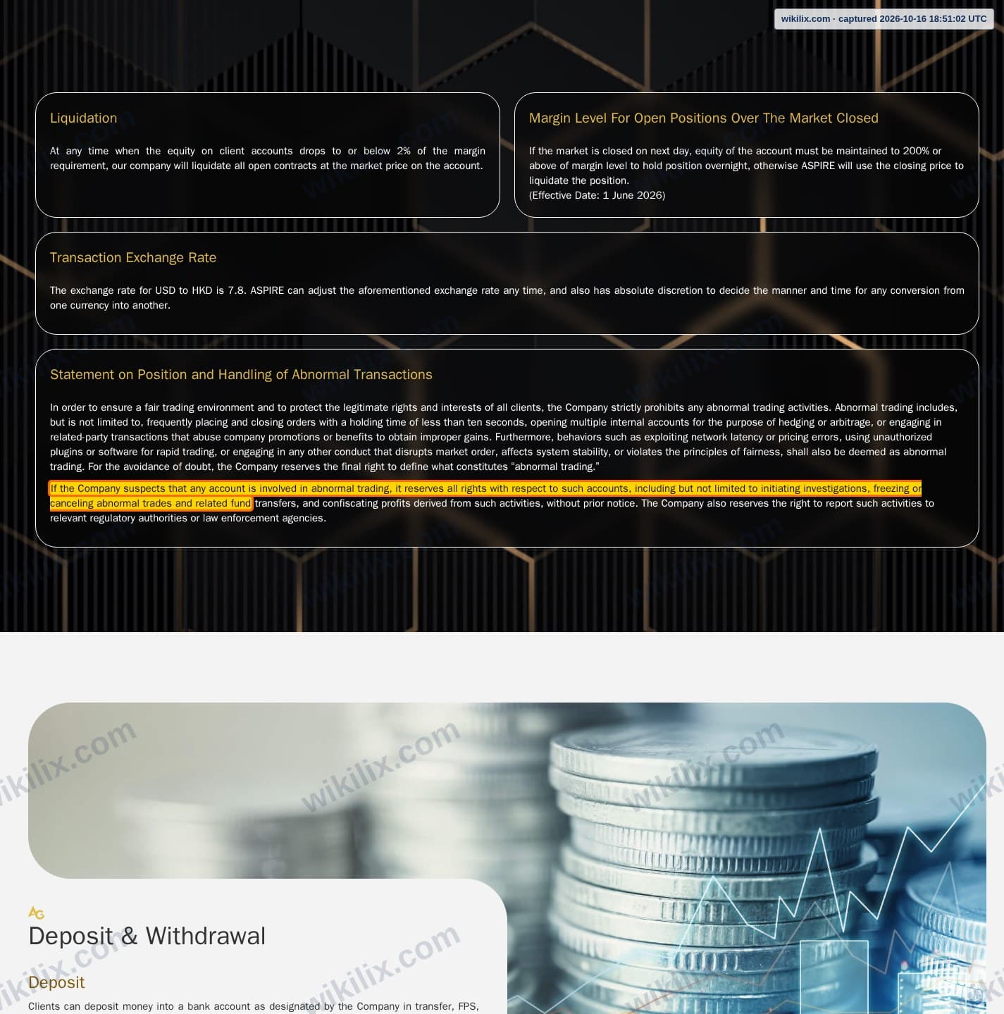 Our full page screenshot of the page this clause sits on, on ASPIRE's site aspirehk.ltd, taken on Oct 16, 2026. The quoted words are marked in the image.