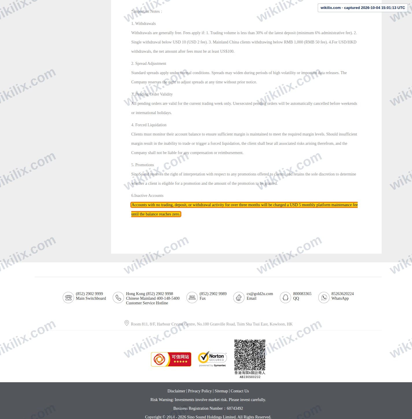Our full page screenshot of the page this clause sits on, on SinoSound's site gold2u.net, taken on Oct 4, 2026. The quoted words are marked in the image.