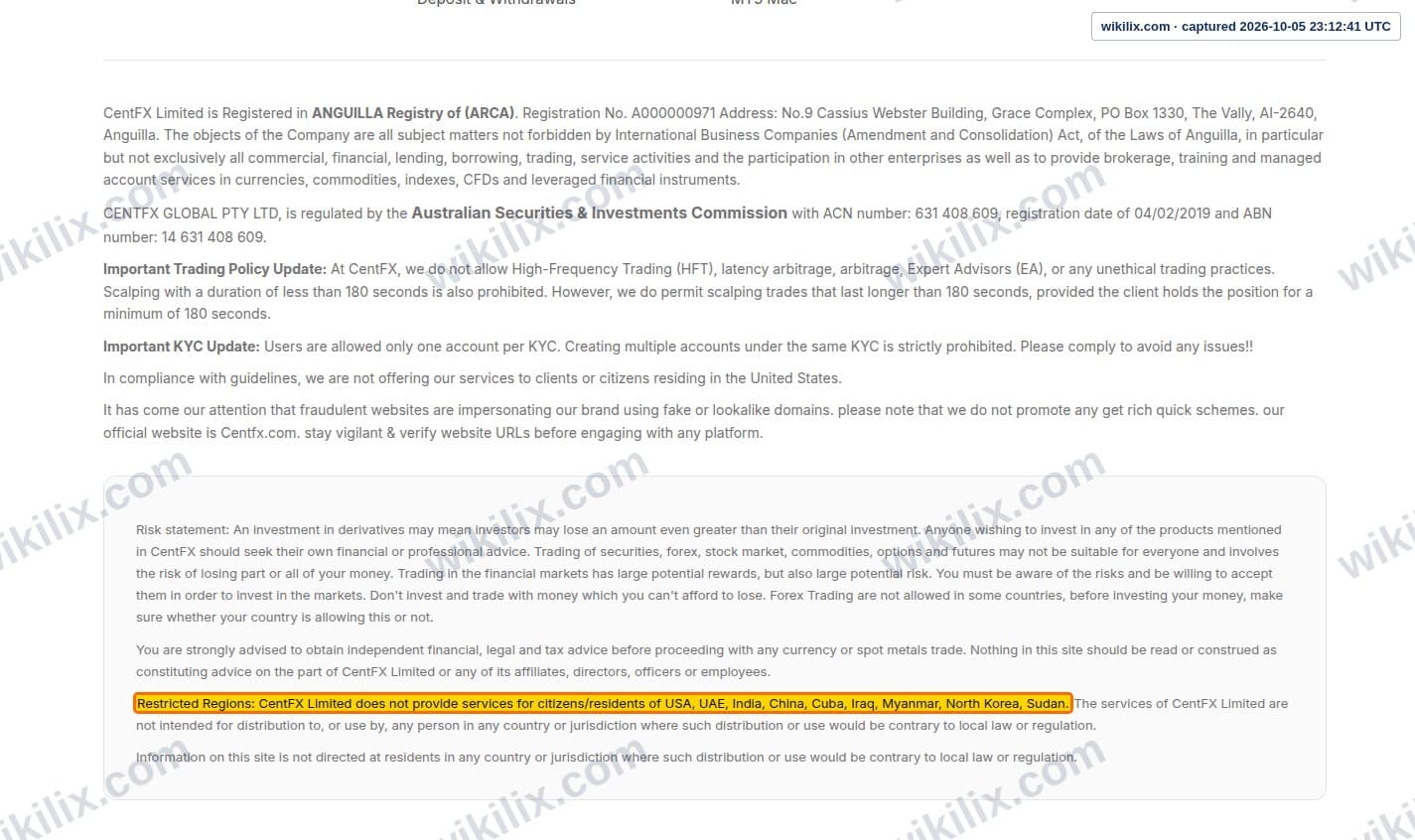 Our full page screenshot of the page this clause sits on, on CentFX's site centfx.com, taken on Oct 5, 2026. The quoted words are marked in the image.