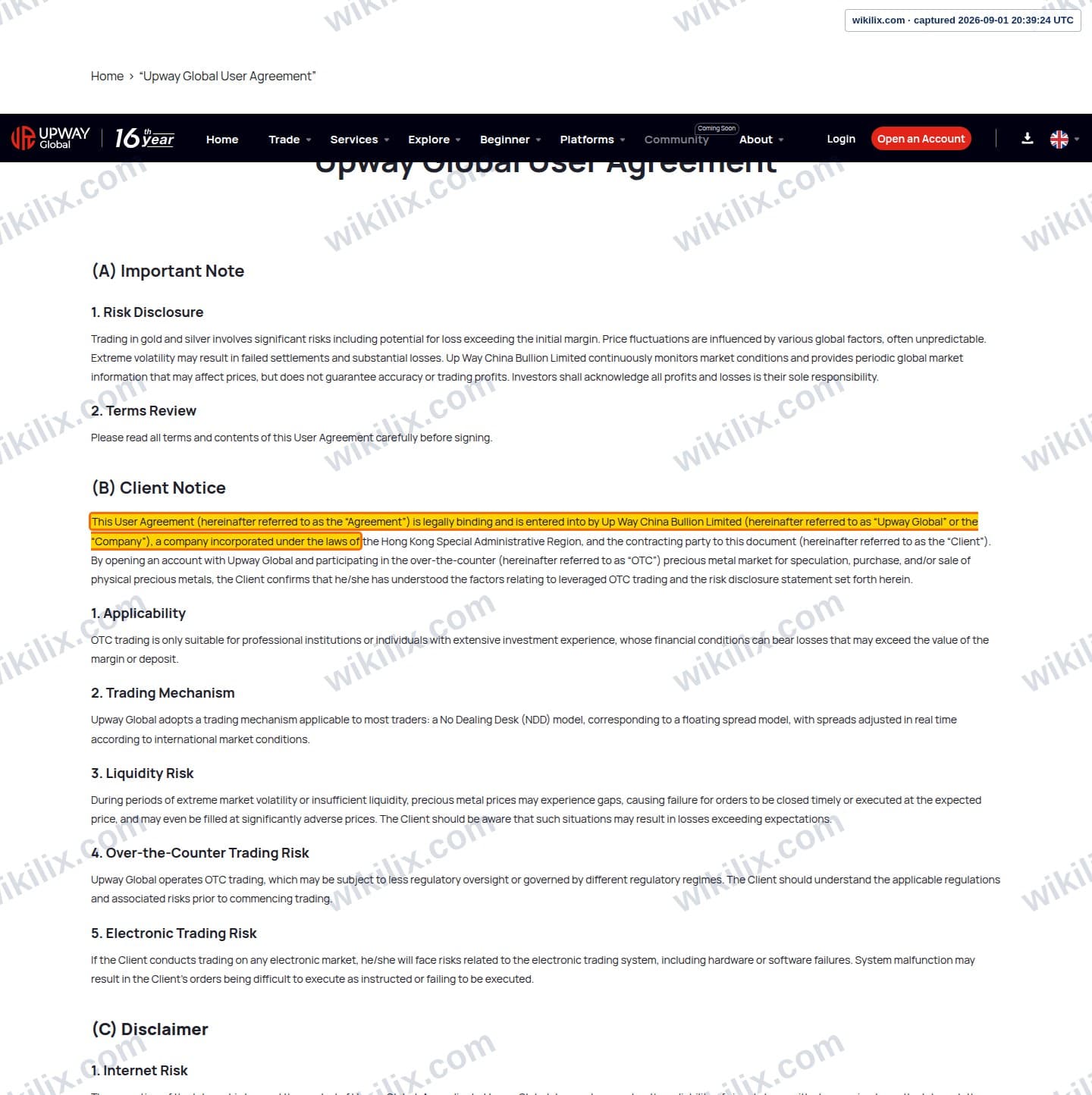 Our full page screenshot of the page this clause sits on, on Upway's site jrjr.com, taken on Sep 1, 2026. The quoted words are marked in the image.