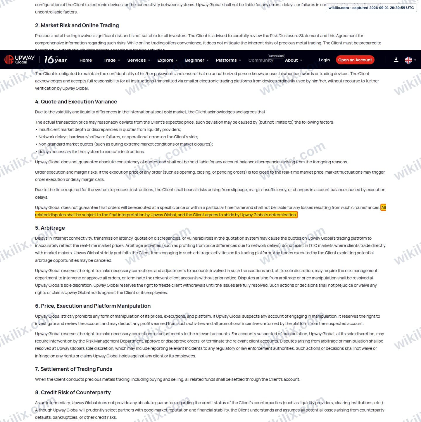 Our full page screenshot of the page this clause sits on, on Upway's site jrjr.com, taken on Sep 1, 2026. The quoted words are marked in the image.