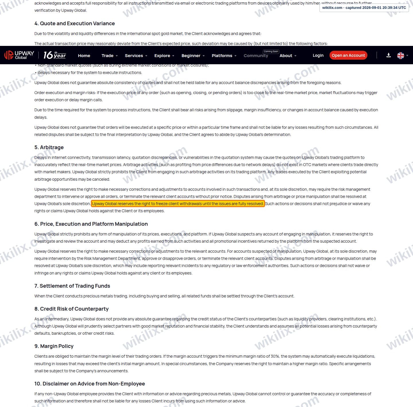 Our full page screenshot of the page this clause sits on, on Upway's site jrjr.com, taken on Sep 1, 2026. The quoted words are marked in the image.