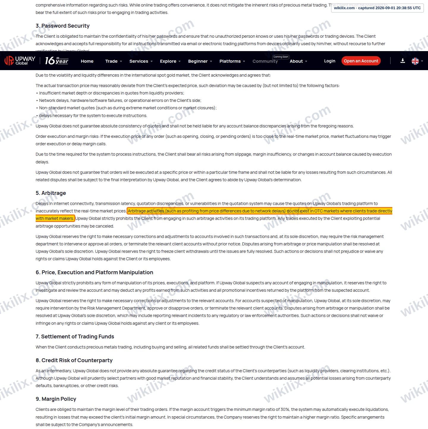 Our full page screenshot of the page this clause sits on, on Upway's site jrjr.com, taken on Sep 1, 2026. The quoted words are marked in the image.