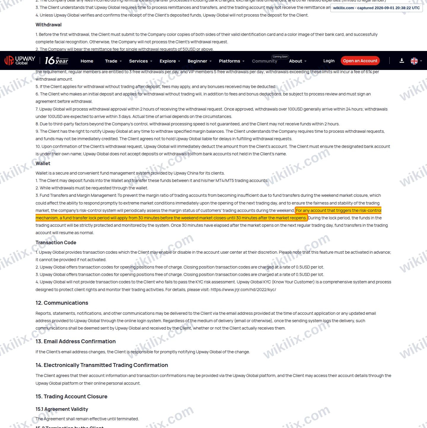Our full page screenshot of the page this clause sits on, on Upway's site jrjr.com, taken on Sep 1, 2026. The quoted words are marked in the image.