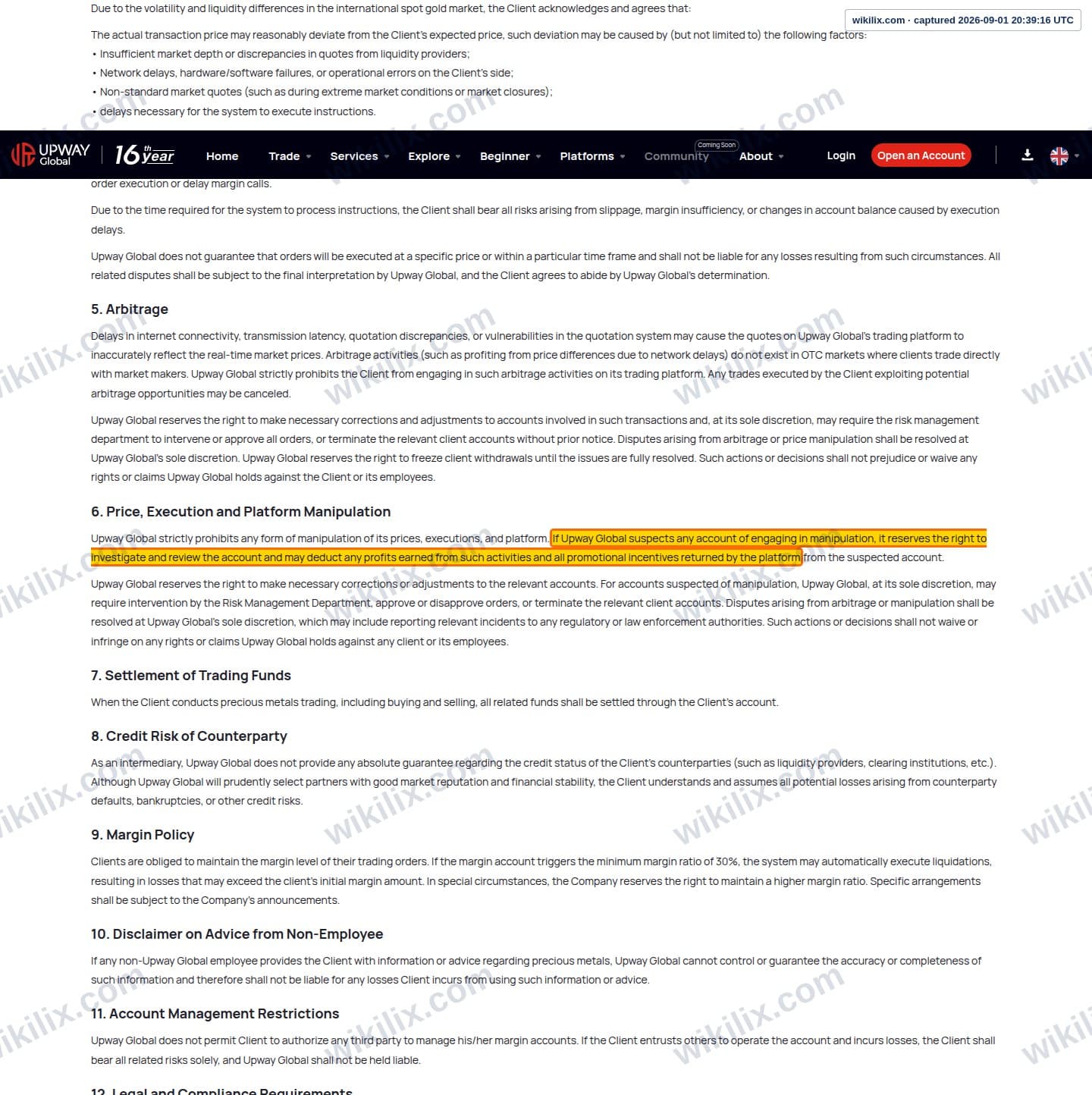 Our full page screenshot of the page this clause sits on, on Upway's site jrjr.com, taken on Sep 1, 2026. The quoted words are marked in the image.