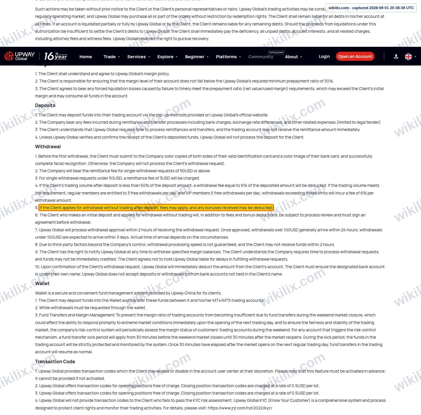 Our full page screenshot of the page this clause sits on, on Upway's site jrjr.com, taken on Sep 1, 2026. The quoted words are marked in the image.