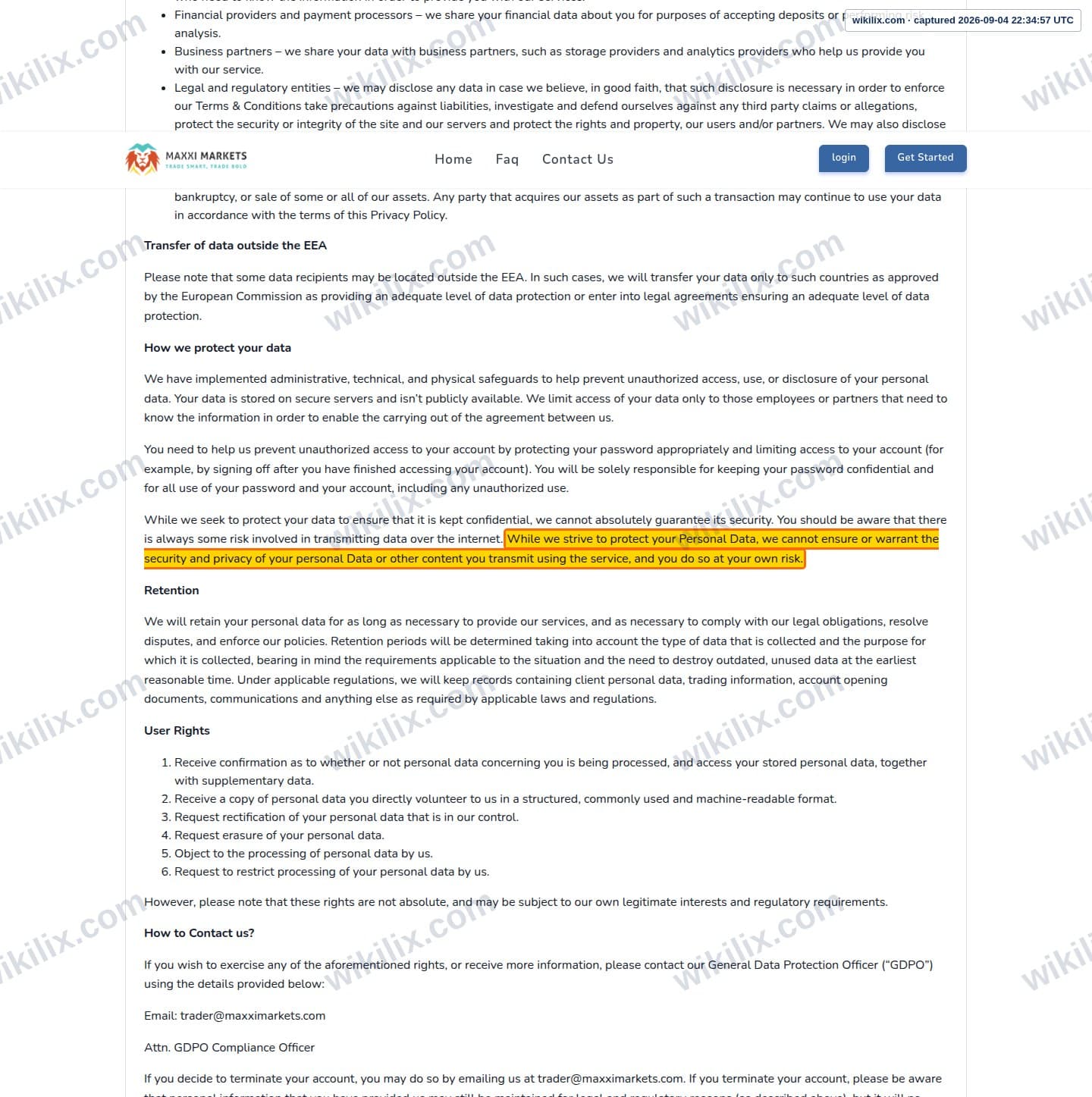 Our full page screenshot of the page this clause sits on, on Maxxi Markets's site trader.maxximarkets.com, taken on Sep 4, 2026. The quoted words are marked in the image.