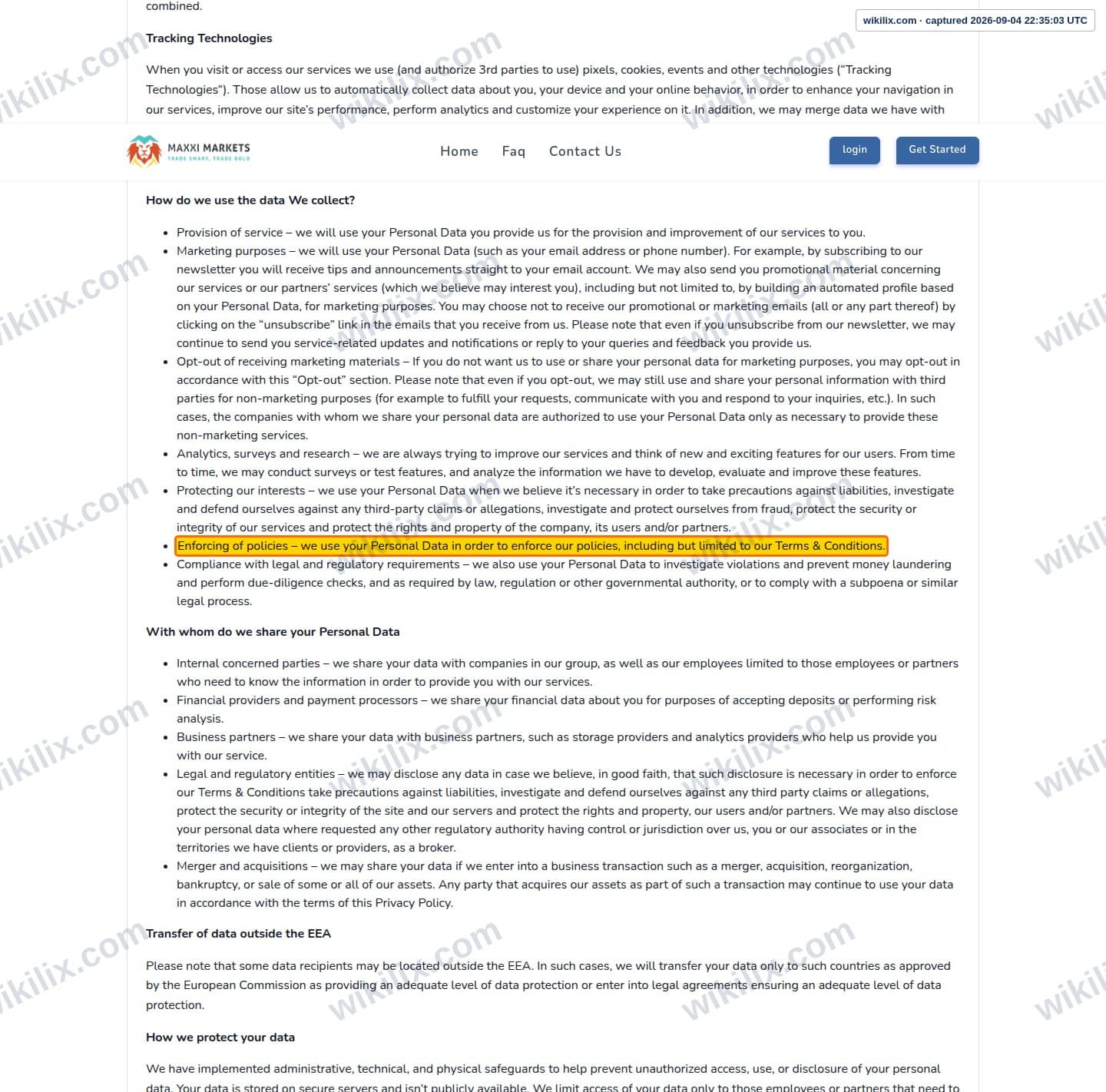 Our full page screenshot of the page this clause sits on, on Maxxi Markets's site trader.maxximarkets.com, taken on Sep 4, 2026. The quoted words are marked in the image.