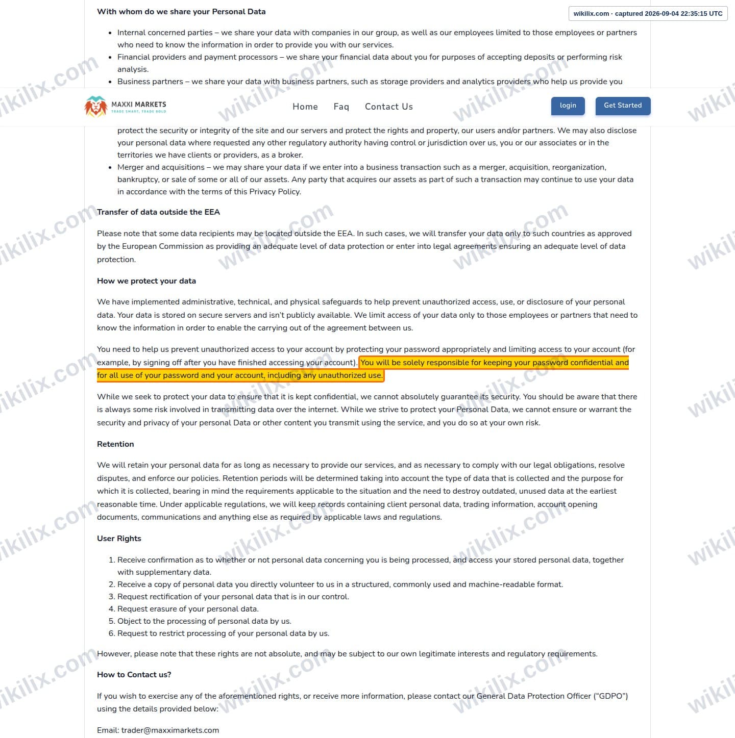 Our full page screenshot of the page this clause sits on, on Maxxi Markets's site trader.maxximarkets.com, taken on Sep 4, 2026. The quoted words are marked in the image.