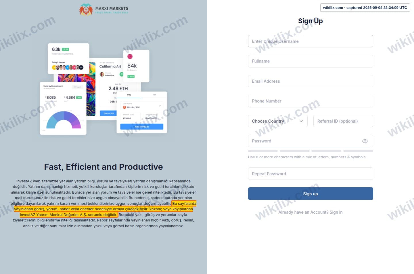 Our full page screenshot of the page that makes this promise, on Maxxi Markets's site trader.maxximarkets.com, taken on Sep 4, 2026. The quoted words are marked in the image.