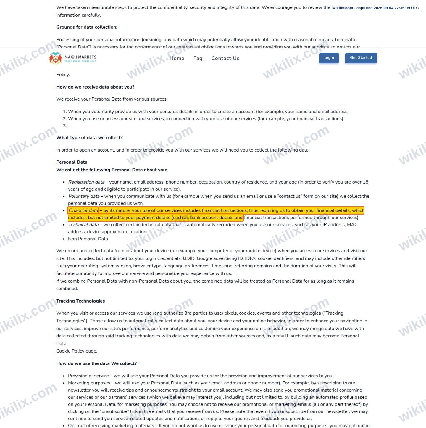 Our full page screenshot of the page this clause sits on, on Maxxi Markets's site trader.maxximarkets.com, taken on Sep 4, 2026. The quoted words are marked in the image.