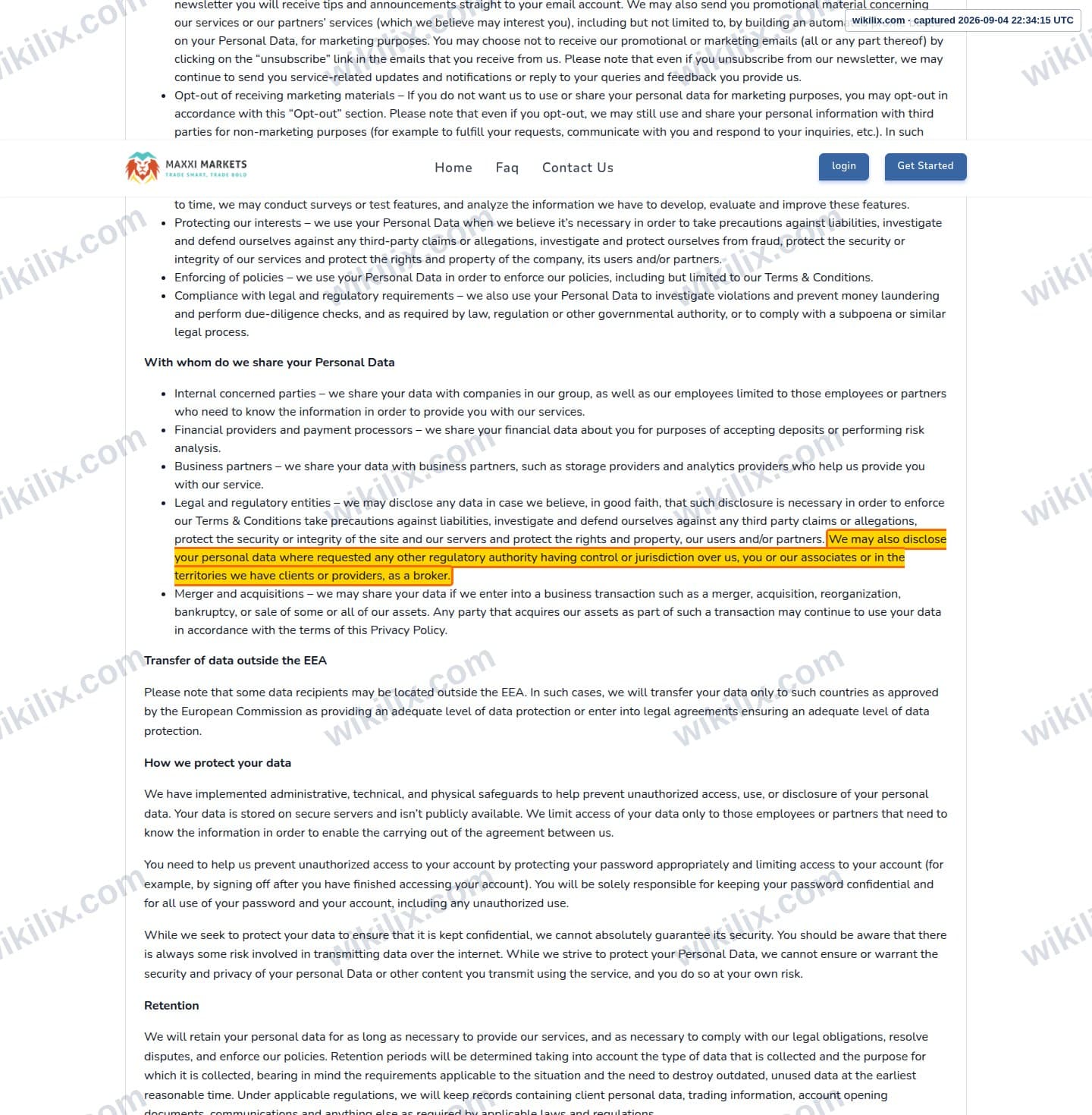 Our full page screenshot of the page this clause sits on, on Maxxi Markets's site trader.maxximarkets.com, taken on Sep 4, 2026. The quoted words are marked in the image.