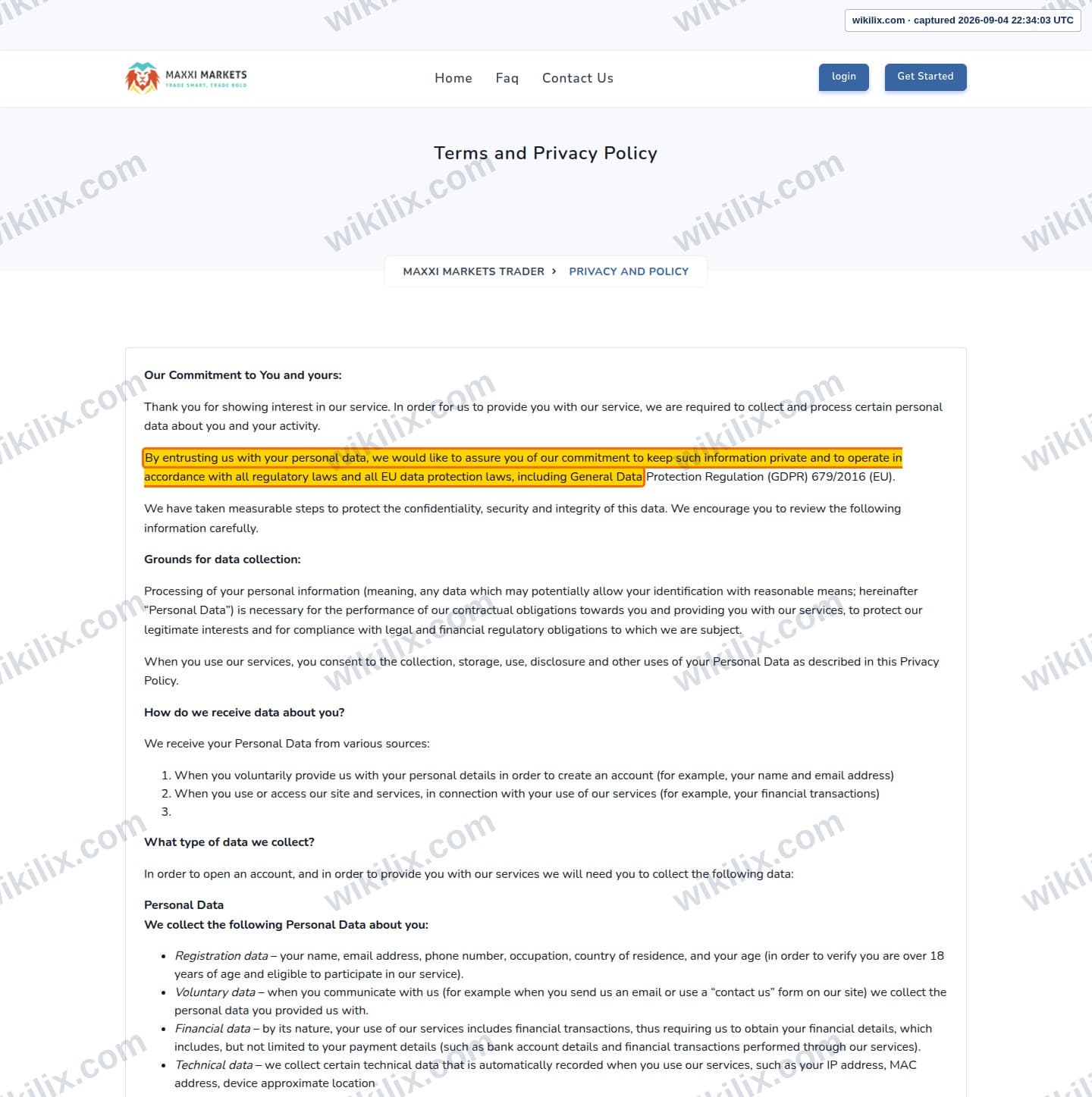 Our full page screenshot of the page this clause sits on, on Maxxi Markets's site trader.maxximarkets.com, taken on Sep 4, 2026. The quoted words are marked in the image.