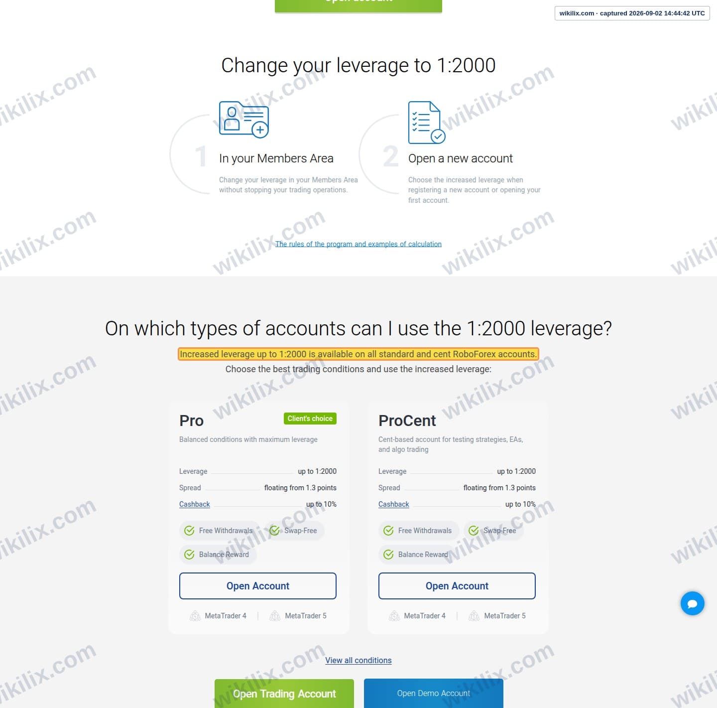 Our full page screenshot of the page that makes this promise, on RoboForex's site roboforex.com, taken on Sep 2, 2026. The quoted words are marked in the image.