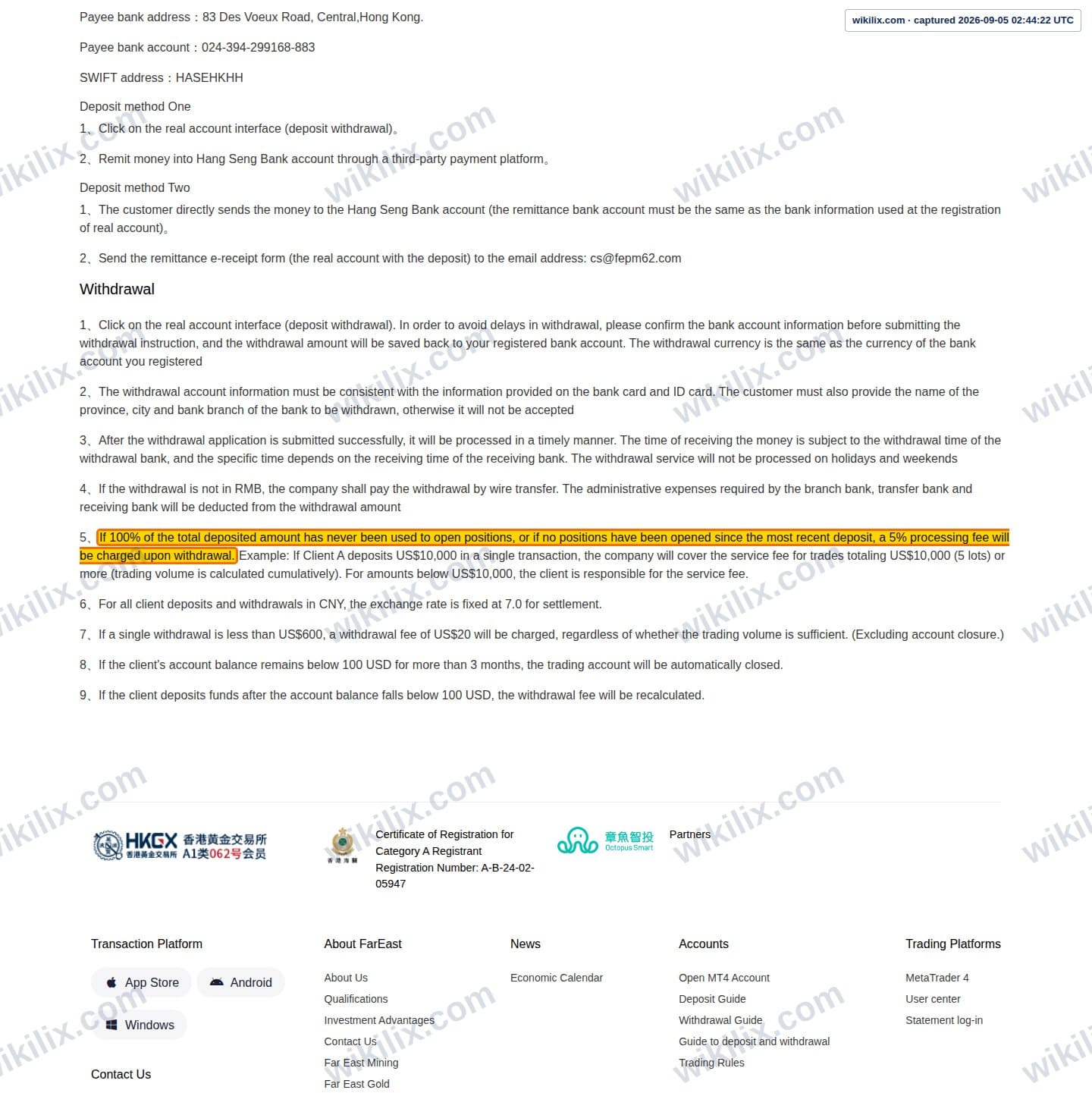 Our full page screenshot of the page this clause sits on, on Far East Precious Metal's site fepm62.com, taken on Sep 5, 2026. The quoted words are marked in the image.