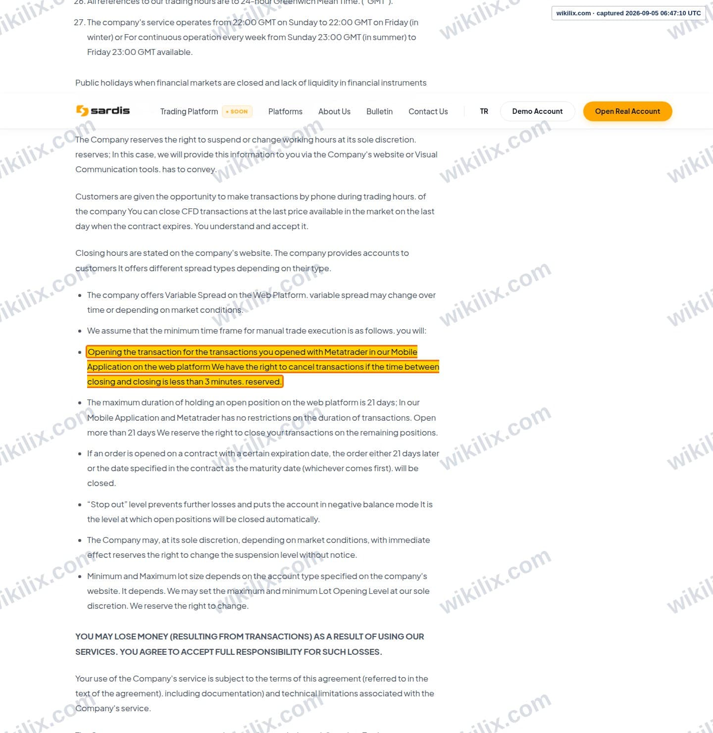 Our full page screenshot of the page this clause sits on, on sardis's site sardisglobal.com, taken on Sep 5, 2026. The quoted words are marked in the image.