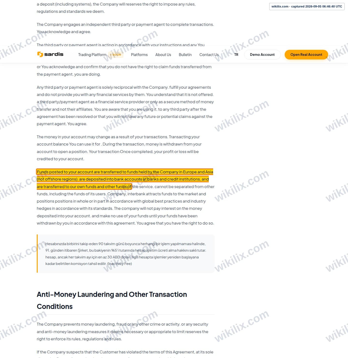 Our full page screenshot of the page this clause sits on, on sardis's site sardisglobal.com, taken on Sep 5, 2026. The quoted words are marked in the image.