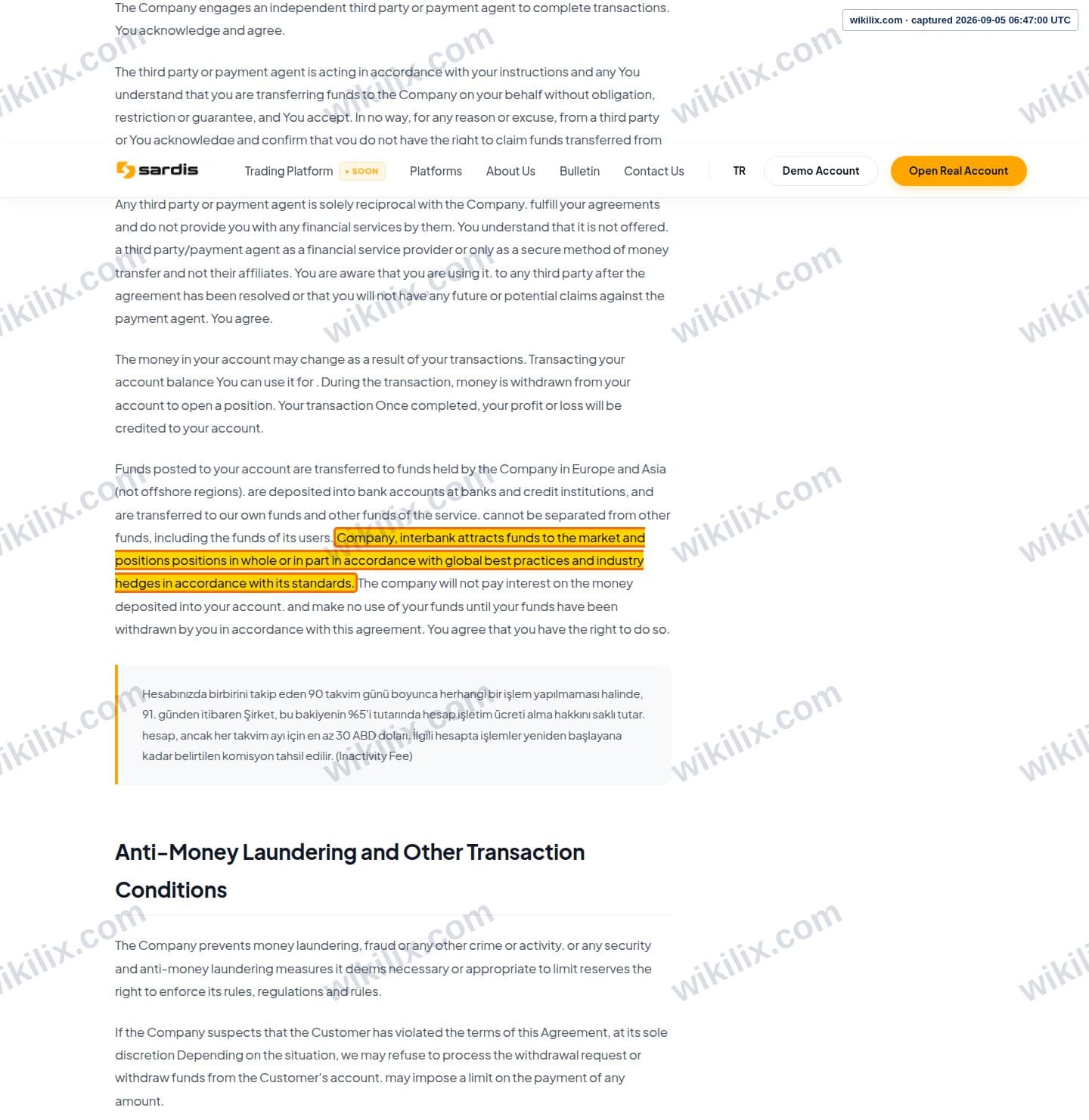 Our full page screenshot of the page this clause sits on, on sardis's site sardisglobal.com, taken on Sep 5, 2026. The quoted words are marked in the image.