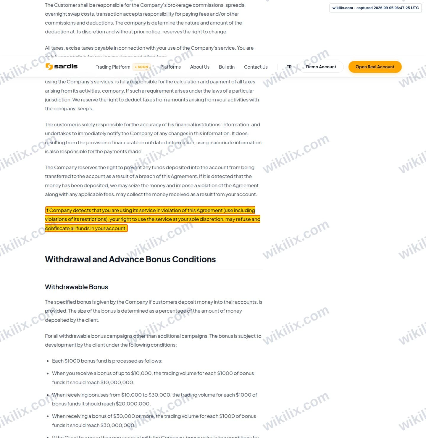 Our full page screenshot of the page this clause sits on, on sardis's site sardisglobal.com, taken on Sep 5, 2026. The quoted words are marked in the image.