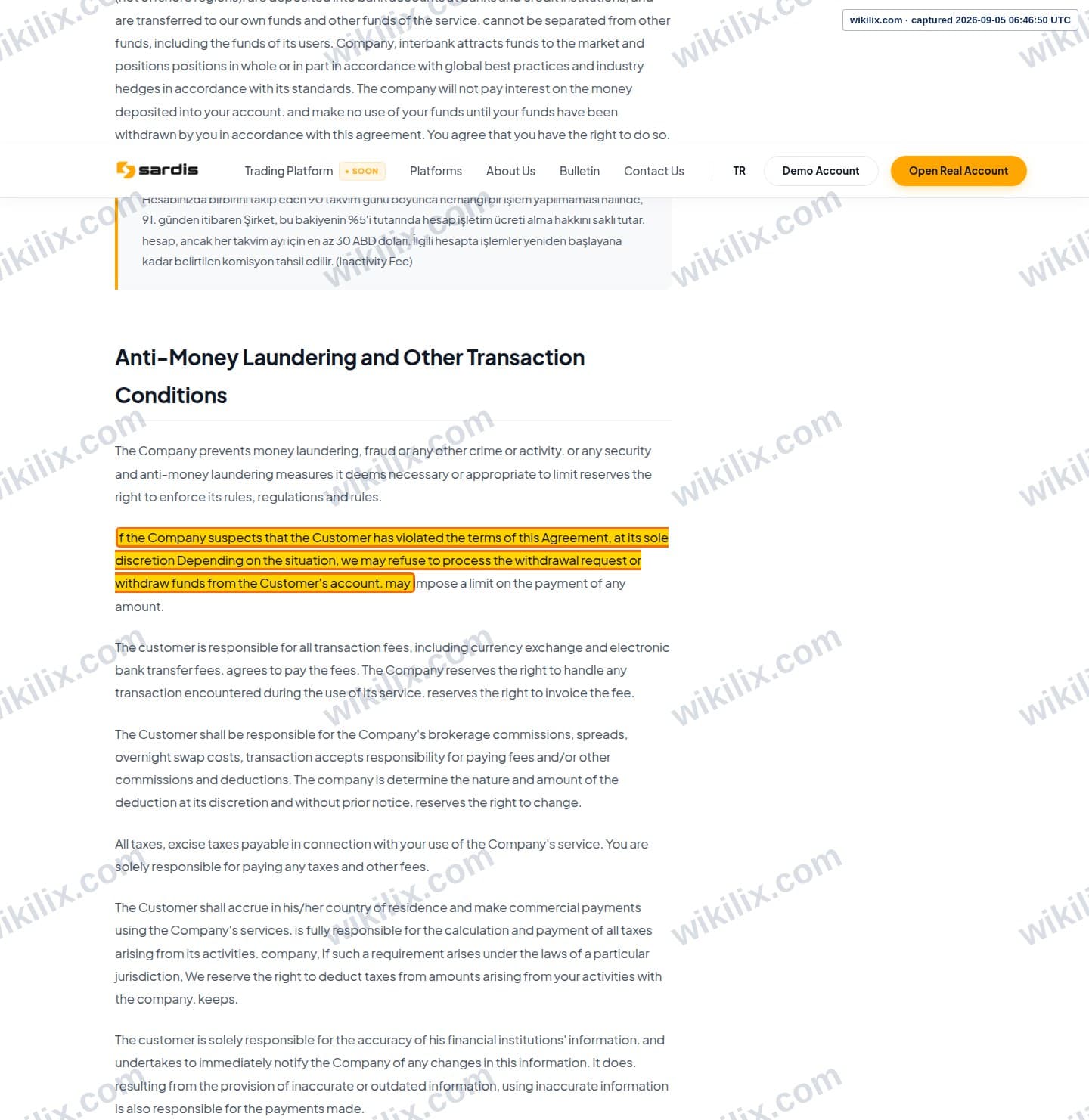 Our full page screenshot of the page this clause sits on, on sardis's site sardisglobal.com, taken on Sep 5, 2026. The quoted words are marked in the image.