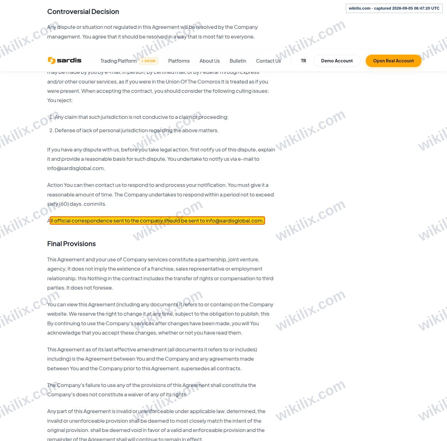 Our full page screenshot of the page this clause sits on, on sardis's site sardisglobal.com, taken on Sep 5, 2026. The quoted words are marked in the image.