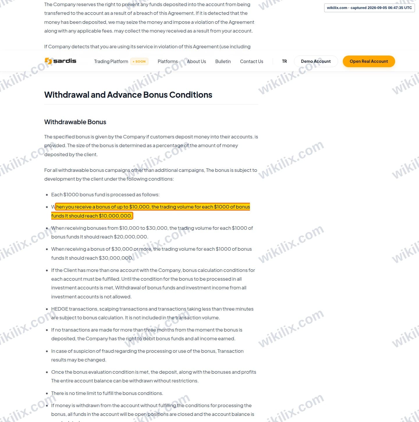 Our full page screenshot of the page this clause sits on, on sardis's site sardisglobal.com, taken on Sep 5, 2026. The quoted words are marked in the image.